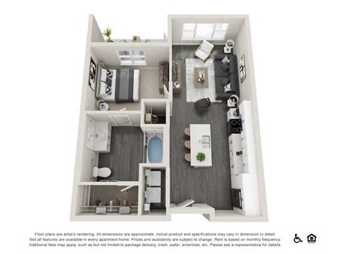 Floor plan for 1 bed, 1 bath, 725 sqft